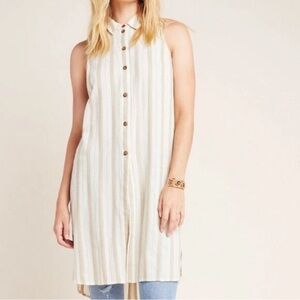 Anthropologie Delphine textured tunic dress button down oatmeal Bohemian Boho S